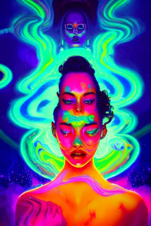 Image similar to a beautiful woman engulfed in colorful liquid smoke and neon clouds, a colorful psychedelic experience, dmt, lsd, face, delicate, highly detailed, digital painting, artstation, concept art, smooth, sharp focus, illustration, digital art by hana yata, and artem demura and beeple, octane render, unreal engine, 8 k