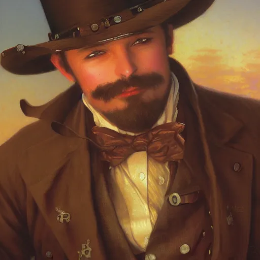 Prompt: detailed portrait painting of a steampunk gentleman gunslinger by Thomas Kinkade, William-Adolphe Bouguereau and Ted Nasmith, Booru, RPG portrait