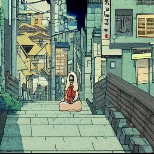 Prompt: a relaxing urban scene from the Miyazaki film Life and Death in The City. Motifs of anxiety and a search for meaning. Meditative and buddhist themes, of letting go