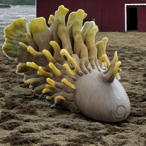 Image similar to a giant sea slug destroying a barn