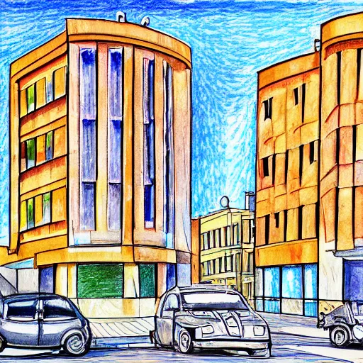 Image similar to drawing of rounded bauhaus buildings in a junction in tel aviv. highly detailed. pen drawing painted with watercolors. colorful