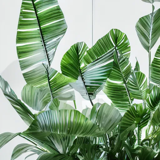 Image similar to an ultra high definition professional studio quality photograph of a transparent iridescent perspex pastel coloured jungle leaves on a plant in an empty white room. dramatic lighting, ray tracing, refraction, shallow d. o. f, colour corrected, golden ratio, three point light. volumetric shadows. god rays.