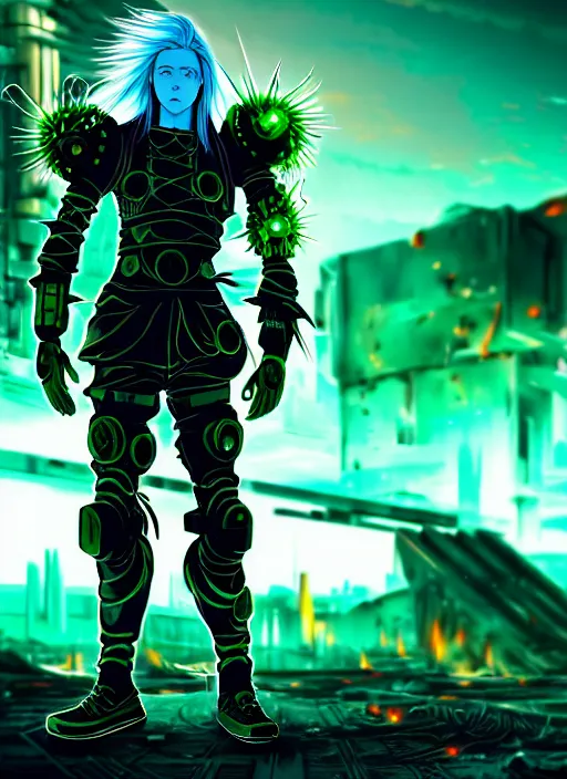 Image similar to a striking cinematic full body manga portrait of a male warrior with long blonde hair and blue eyes wearing evil green spiked cyberpunk armour and standing in the desolate burning ruins of a futuristic city by hirohiko araki and beeple, fine details, digital art, character concept art, volumetric lighting, cinematic light, photorealistic