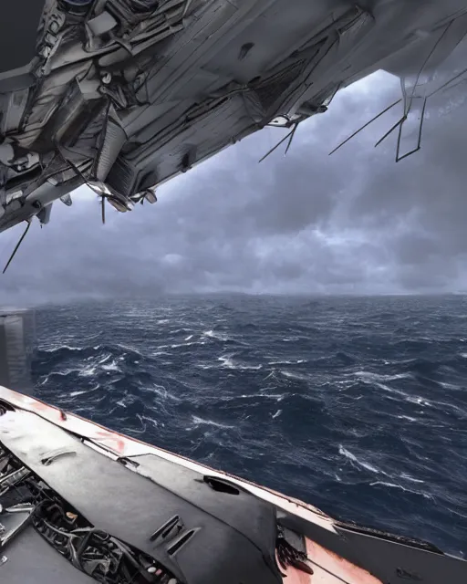 Image similar to view from an aircraft carrier of stormy seas, stormy weather, unreal engine, hyper realism, realistic shading, cinematic composition, realistic render, octane render, detailed textures, photorealistic