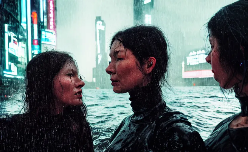 Image similar to cinestill 5 0 d candid photographic portrait by steve mccurry of two loving female androids sobbing wearing rugged black mesh techwear in treacherous waters, flooded city, medium closeup, retrofuturism cyberpunk moody emotional cinematic, pouring iridescent rain bright spotlight helicopter, 8 k, hd, high resolution, 3 5 mm, f / 3 2, ultra realistic faces, ex machina