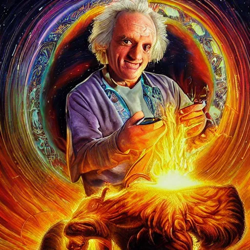 Image similar to doc emmett brown by josephine wall, scientist riding ram, flying ram, golden ram, scientist checking his phone, erupting volcano in distance, flowers in foreground, sun setting on right side of image, stars in sky on left side of image, trending on artstation, fantasy, intricately detailed