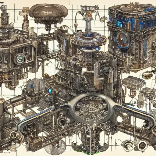 Prompt: a full page concept designs of a metropolis 1950s robotic device, steampunk blueprint, intricate details, ink on paper, scientific, Highly detailed labeled, poster, peter mohrbacher, 8k