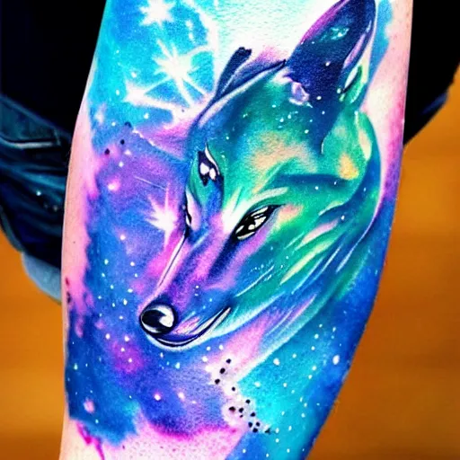 Image similar to A galaxy wolf shaped nebula watercolor tattoo, advanced,