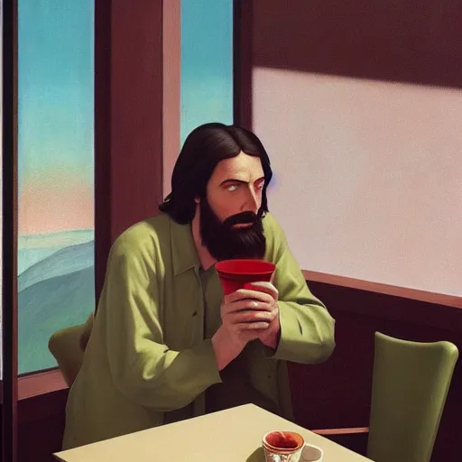 Image similar to Jesus Christ drinking coffee at a Starbucks, Masterpiece, Edward Hopper and James Gilleard, Zdzislaw Beksinski, Mark Ryden, Wolfgang Lettl, hints of Yayoi Kasuma, octane render, 8k.