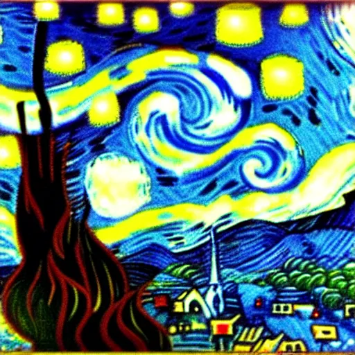 Image similar to smurfs by da vinci, starry night style