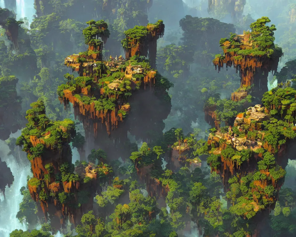 Image similar to craig mullins illustration of the beastlands, isometric, made with voxels, avatar ( 2 0 0 9 ), lush landscape, jungle landscape