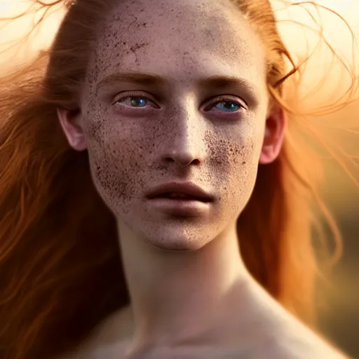 Image similar to photographic portrait of a stunningly beautiful renaissance female in soft dreamy light at sunset, freckles, extremely long flowing hair, contemporary fashion shoot, by edward robert hughes, annie leibovitz and steve mccurry, david lazar, jimmy nelsson, breathtaking, 8 k resolution, extremely detailed, beautiful, establishing shot, artistic, hyperrealistic, beautiful face, octane render