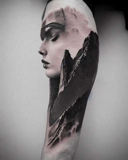 Image similar to creative double exposure effect tattoo design sketch of beautiful gal gadot faded with beautiful mountain scenery, realism tattoo, in the style of matteo pasqualin, amazing detail, sharp