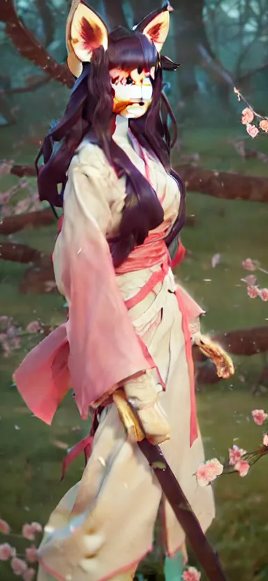 Prompt: a league of legends concept art of a cute girl with fox ears wearing kimono at a sakura tree, art by cushart krentz and greg rutkowski, 8 k resolution, high quality, highly detailed, long hair, fantasy style, empty background, illustration, hyperrealism, octane render, commission art, trending on artstation, pinterest