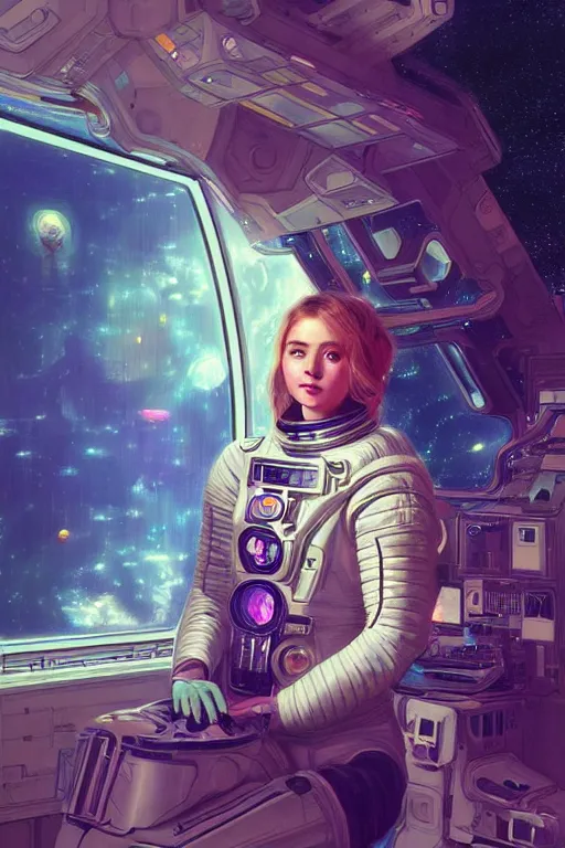 Image similar to portrait armored astronaut girl, inside spaceship command room viewing galaxy, ssci-fi neon light and fantasy, intricate and very very beautiful and elegant, highly detailed, digital painting, artstation, concept art, smooth and sharp focus, illustration, art by tian zi and WLOP and alphonse mucha