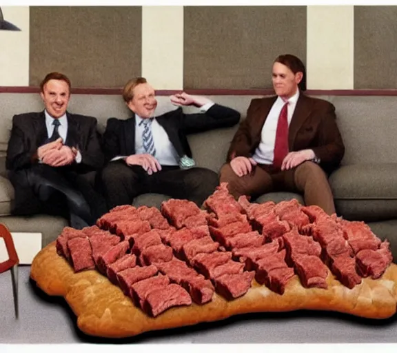 Image similar to realistic photograph of couch made out of meat, business men sitting on couch made out of meat and talking,