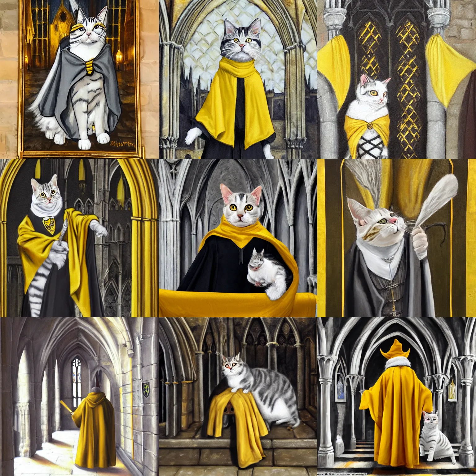 Prompt: oil painting of a white and grey tabby cat wearing dark hogwarts wizard robes lined with yellow silk, a hufflepuff scarf, in the Gloucester Cathedral cloisters, realistic, in the style of Harry Potter, extreme wide shot, collegial