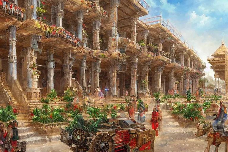 Image similar to ancient city of Babylon, hanging gardens of babylon. Robot mechas roaming the streers of ancient babylon. By Konstantin Razumov, highly detailed