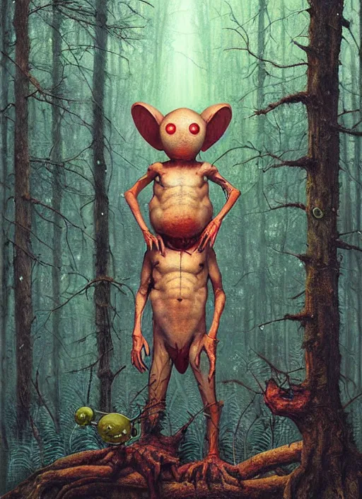 Image similar to cuddly friendly alien in the woods by a river gorgeous lighting, lush forest foliage blue sky a hyper realistic painting by chiara bautista and beksinski and norman rockwell and greg rutkowski, tom bagshaw weta studio, and lucasfilm