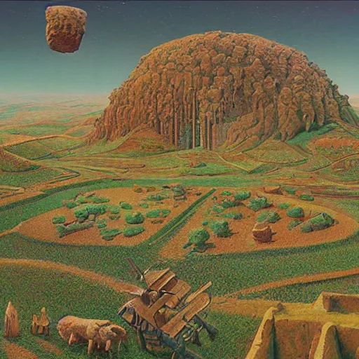 Prompt: beautiful rendered in zbrush ancient painting of a beatiful scenic farm surrounded by holographic Myrtle squares, by Jean Giraud and Zdzisław Beksiński and Chesley Bonestell and James Gurney,