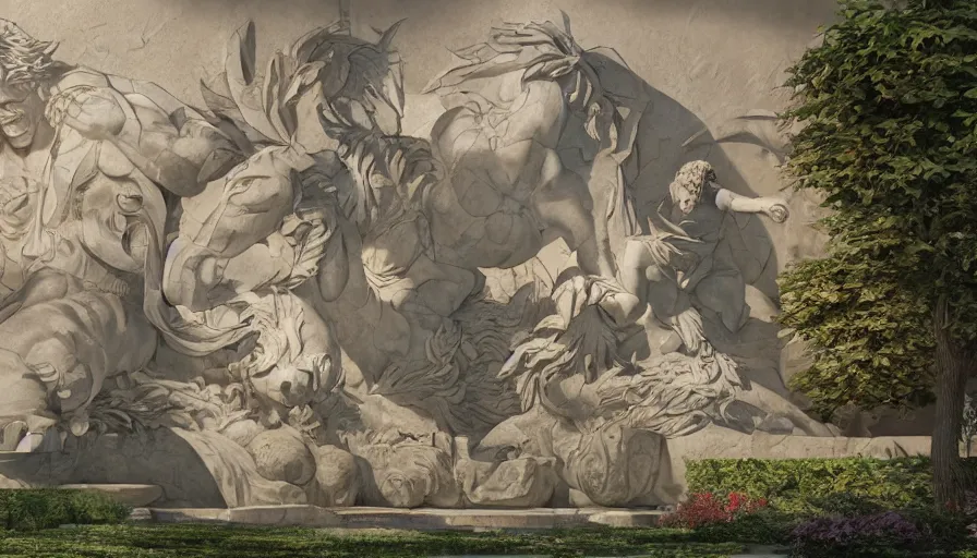 Image similar to craig mullins and studio ghibli illustration of a relief sculpture of the sun by michelangelo on top of a fountain in a garden, flowers, unreal engine, hyper realism, realistic shading, cinematic composition, realistic render, octane render, detailed textures, photorealistic, wide shot