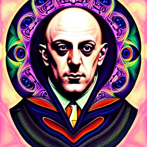 Image similar to An extremely psychedelic portrait of AleisterCrowley, surreal, LSD, face, detailed, intricate, elegant, lithe, highly detailed, digital painting, artstation, concept art, magical, magic, magick, Occult, smooth, sharp focus, illustration