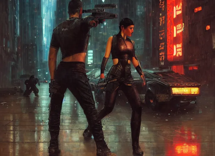 Image similar to blade runner fighting android replicants ( blade runner 2 0 4 9, cyberpunk 2 0 7 7 character design ). orientalist portrait by john william waterhouse and james gurney and theodore ralli and nasreddine dinet, oil on canvas. cinematic, hyper realism, realistic proportions, dramatic lighting, high detail 4 k