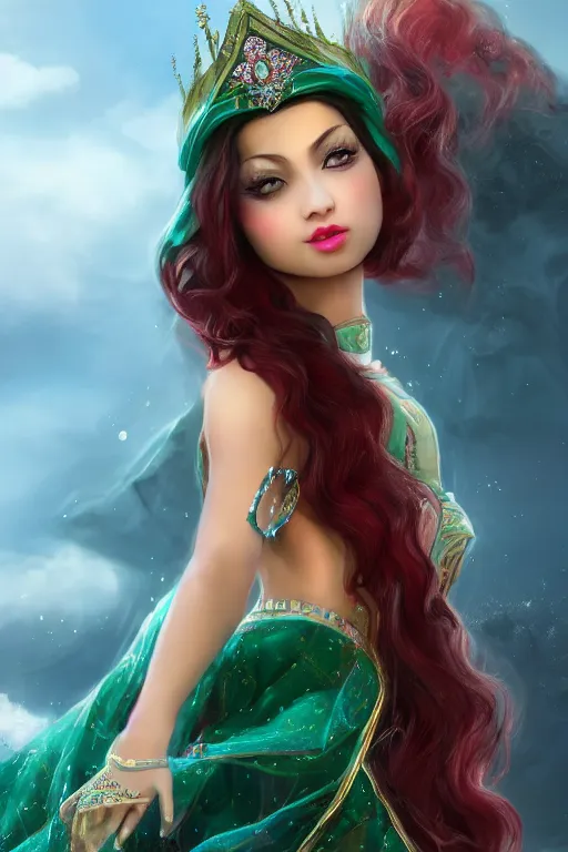 Image similar to dreamy beautiful persian asian princess in clouds, green eyes, red dress, long black curly hair, smiling, wearing a diamond tiara, face, highly detailed, artstation, concept art, sharp focus, hyper realistic, octane render, unreal engine, 8 k