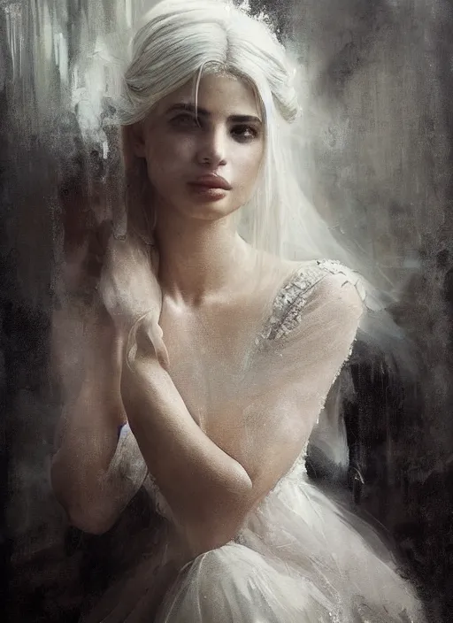 Prompt: a beautiful painting of jeremy mann, actor anne curtis as a beautiful white haired princess, adorned with ivory jewelry, elegant, ethereal, ominous, dramatic lighting, 8 k