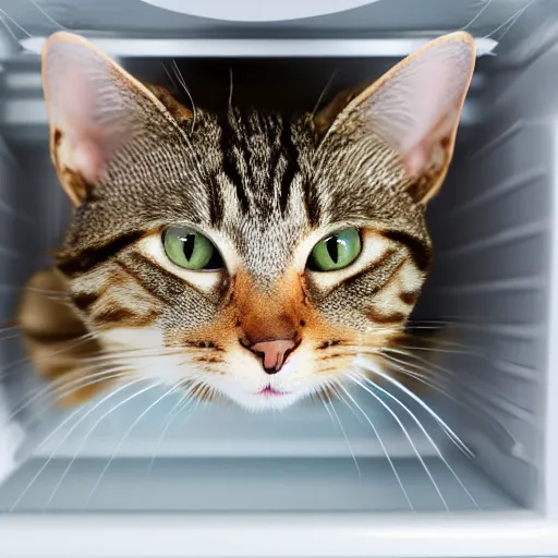 Prompt: tabby cat sits inside a fridge realistic