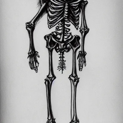 Prompt: pencil drawing of a devil skeleton in black coat