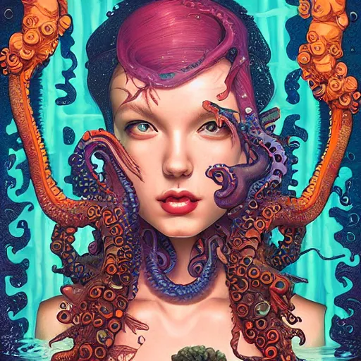 Prompt: underwater lofi scorn biopunk mermaid portrait, octopus, Pixar style, by Tristan Eaton Stanley Artgerm and Tom Bagshaw.