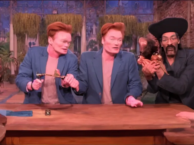 Prompt: Conan O’Brian passing the smoke filled bong to George Washington and Snoop Dogg; Late Night with Conan O'Brien