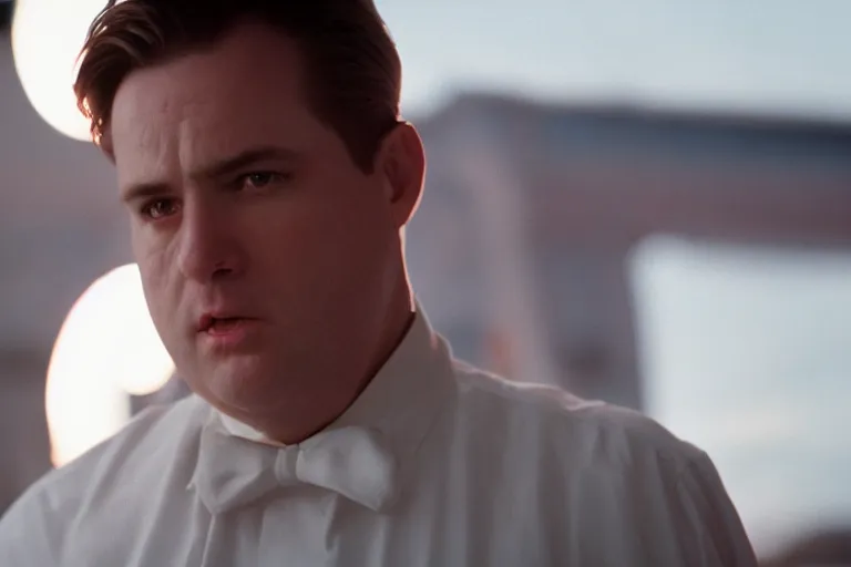 Image similar to cinematic still of chubby clean-shaven white man in film from 1995, XF IQ4, f/1.4, ISO 200, 1/160s, 8K, RAW, dramatic lighting, symmetrical balance, in-frame