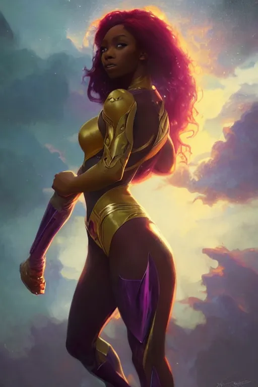 Prompt: normani as starfire profile picture by Greg Rutkowski, dynamic pose, matte painting, intricate, fantasy concept art, elegant, by Stanley Artgerm Lau, WLOP, golden ratio, thomas kindkade, alphonse mucha, loish, norman Rockwell,