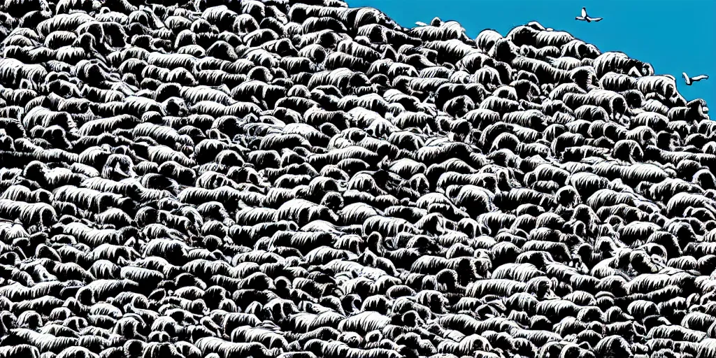 Prompt: forty five white sheep running fast towards a cliff made of jagged rock and we can see them falling like lemmings down the cliff into the sea and facing the crashing white waves, there is one single black sheep going against the crowd, clear blue skies, old colored sketching, cliff panoramic shot
