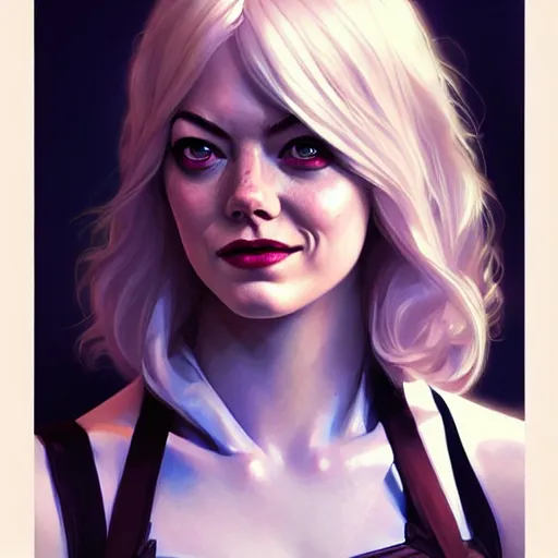 Image similar to beautiful Emma Stone as Spider-Gwen, western, closeup, D&D, fantasy, intricate, elegant, highly detailed, digital painting, artstation, concept art, matte, sharp focus, illustration, art by Artgerm and Greg Rutkowski and Alphonse Mucha