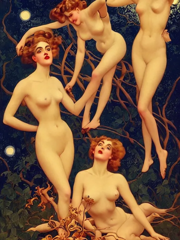 Image similar to Kiernan shipka as the three graces, a beautiful art nouveau portrait by Gil Elvgren and Gerald Brom, Moonlit forest environment bonfire, centered composition, defined features, golden ratio, golden jewelry