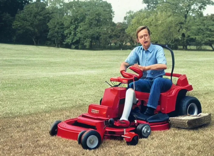 Image similar to steve buscemi driving a cadet cub lawn mower, movie still, from the new forest gump movie, 8 k, realistic