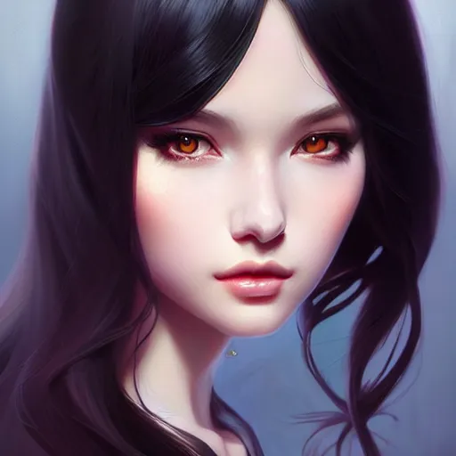 Image similar to a beautiful girl with long black hair, fantasy, portrait, sharp focus, intricate, elegant, digital painting, artstation, matte, highly detailed, illustration, ambient lighting, art by Rossdraws, artgerm, Ilya Kuvshinov, and Greg Rutkowski