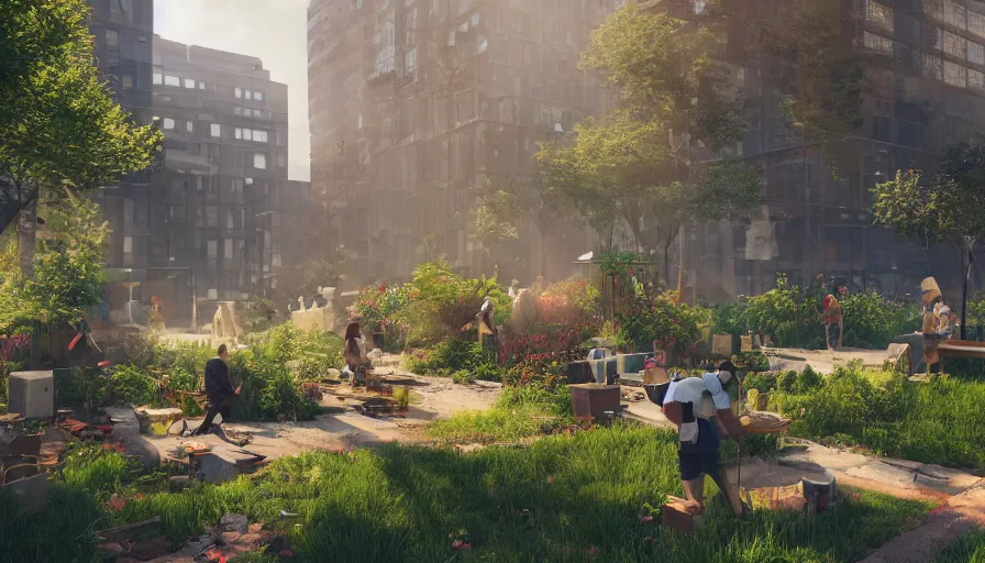 Image similar to craft garden with people working on it built in destroyed washington dc, sunny day, volumetric light, hyperdetailed, artstation, cgsociety, 8 k