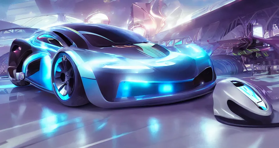 Image similar to dream tron tesla light cycle race, hot wheels, wipe out, hyper realistic, concept art, smooth, high contrast, volumetric lighting, octane, raytrace, syd mead, artgerm, jim lee,