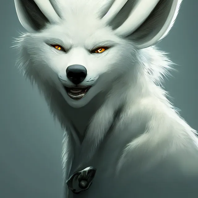 Prompt: a beautiful portrait of a cute anthropomorphic humanoid white wolf fursona. big eyes. character design by cory loftis fenghua zhong ryohei hase isma