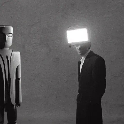 Prompt: movie still of a man and a robot in a moment of jealousy, movie by david lynch