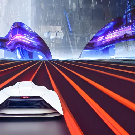 Image similar to sci-fi cars race : near wall structure on : the coronation of napoleon painting : and digital billboard in the middle, in style of zaha hadid, suprematism composition, unreal engine 5, keyshot, octane, artstation trending, in lighting of blade runner 2049, ultra high detail, ultra photo realistic, 8k, 16k, in plastic, dark, tilt shift,