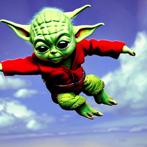 Image similar to baby yoda skydiving, realistic, highly detailed, cinematic