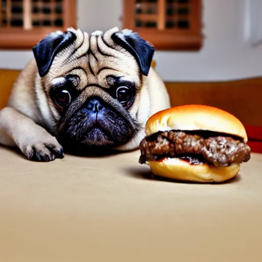 Prompt: fat pug between 2 hamburger buns