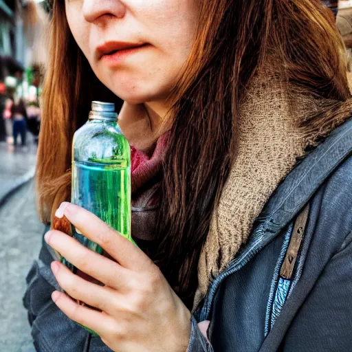 Image similar to photograph of woman holding a bottle in street, kodak, 4 k, realistic intricate detail, hyper detail, woman very tired, full body potrait holding bottle, hazel green eyes, realistic, highlydetailed, natural, masterpiece, sharp focus,