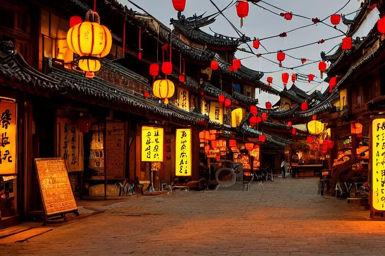 Prompt: Miniature of a rustic chinese street with shops, glowing lamps