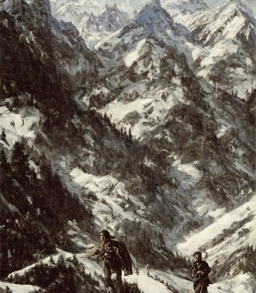 Image similar to Che Guevara wandering aimless arround in the austrian alps. Detailed oil painting by Franz Defregger.